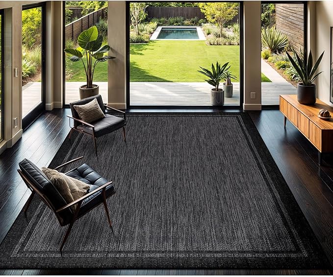 CAMILSON Indoor Outdoor Rug, 9x12 Bordered Dark Grey Black Modern Large Area Rugs for Indoor and Outdoor Patios, Kitchen and Hallway Mats, Washable Porch Deck Outside Carpet (Bordered Black, 9 x 12)