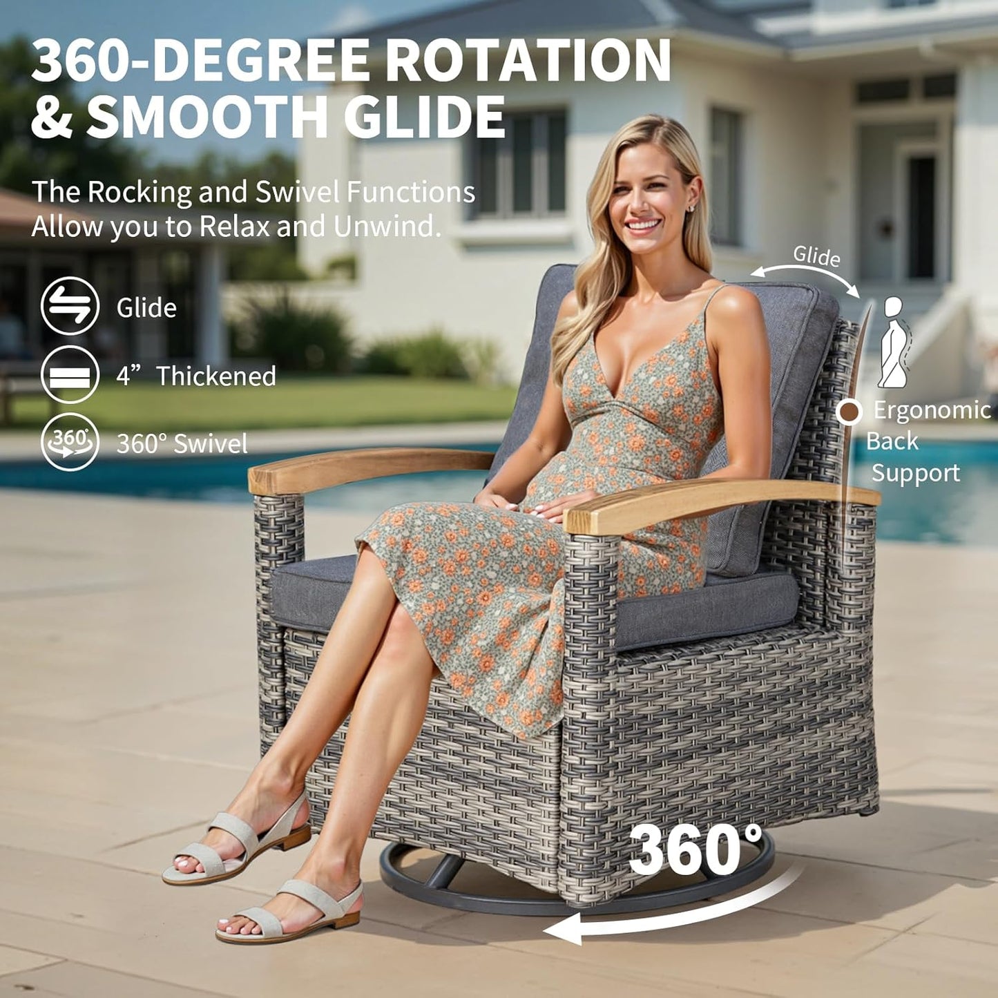 9-Piece Outdoor Patio Furniture Set, Half-Moon Curved Sectional Set with Wood Armrests, Patio Conversation Set, Tempered Glass Coffee & Side Tables (Grey)