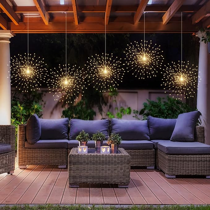 4 Pcs 800LED Solar Starburst Sphere Lights,Firework Lights Remote Control Timer 8 Modes Dimmable Waterproof Hanging Fairy Lights, Sparkly Lights for Patio Garden Tent Outdoor(Warm White)