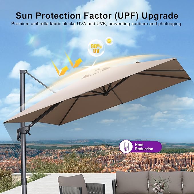 PURPLE LEAF 9 FT Cantilever Patio Umbrella Outdoor Aluminum Offset Square Umbrella with 3 Years Fade Resistance Recycled Fabric and 360-degree Rotation for Deck Pool Garden, Sand Dune
