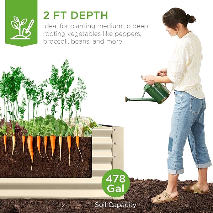Best Choice Products 8x4x2ft Outdoor Metal Raised Garden Bed, Deep Root Planter Box for Vegetables, Flowers, Herbs, and Succulents w/ 478 Gallon Capacity - Beige