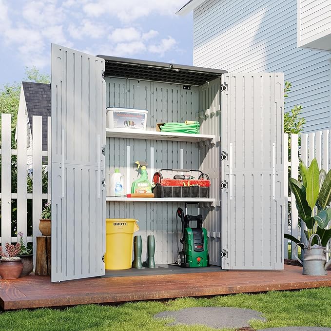 Aoxun White Resin Outdoor Storage Shed with 2 Shelves & Floor, 64 Cu.Ft Vertical Waterproof Cabinet for Garage, Pool, Bike, Garden Tools, Patio Furniture