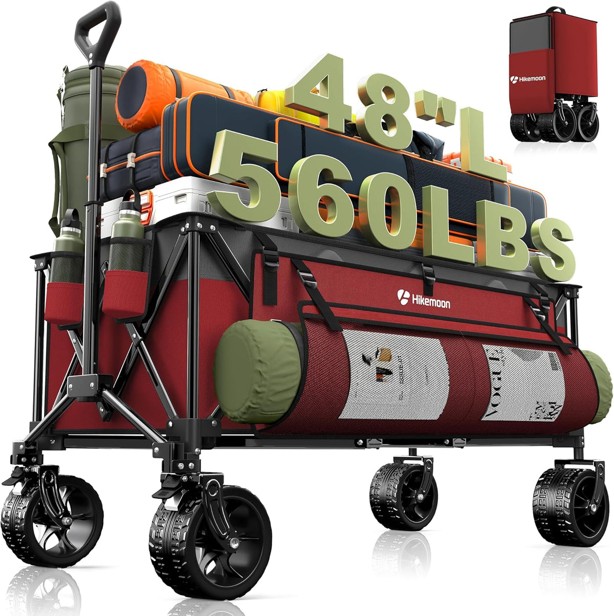 300L Extra Large Wagons Carts Foldable, 560LBS Heavy Duty Collapsible Beach Wagon 48" Long with Big All-Terrain Wheels, Utility Folding Cart for Camping, Grocery, Sports, Garden, Red & Grey