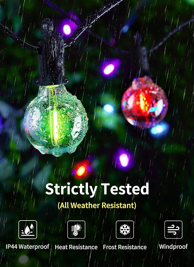 Brightown RGBW Outdoor String Lights, 58FT LED Patio Lights with Remote and Timer, Commercial Grade Waterproof Hanging Lights with 27 Shatterproof Bulbs(2 Spare) for Backyard Porch Garden Party Decor