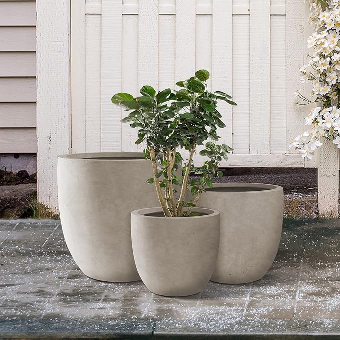 Kante 18",14",10" Dia Concrete Round Planters (Set of 3), Outdoor Indoor Large Planter Pots with Drainage Hole and Rubber Plug for Home Patio Garden, Weathered Concrete