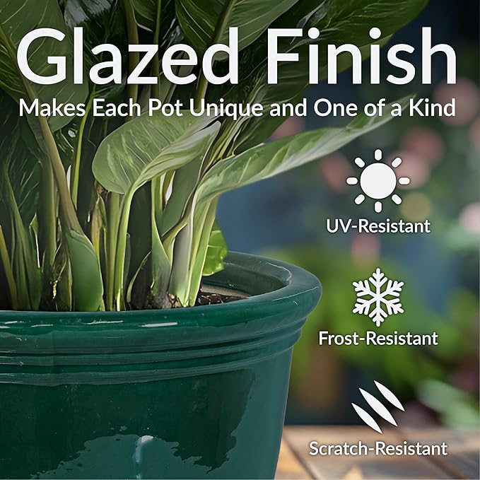 Sunnydaze Studio Large Ceramic Plant Pot - Round Outdoor Glazed Ceramic Planter Pot with Drainage - Dark Green - 18.5 in