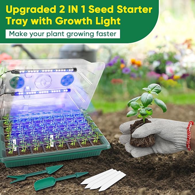 BlumWay Seed Starter Tray with Grow Light,4 Pack 160 Cells Seedling Tray with Humidity Dome/Indoor Grow Kit for Deep-Rooted Seedlings,Adjustable/Timed Light Plant Starter Set