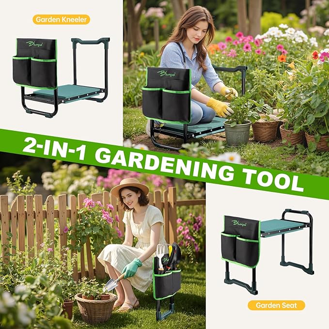Bluesea Garden Kneeler and Seat - 2-in-1 Heavy Duty Garden Stool & Thick Kneeling Pad with Tool Pouch, Foldable Garden Bench for Planting, Weeding, Seniors, Women (350lbs Capacity)