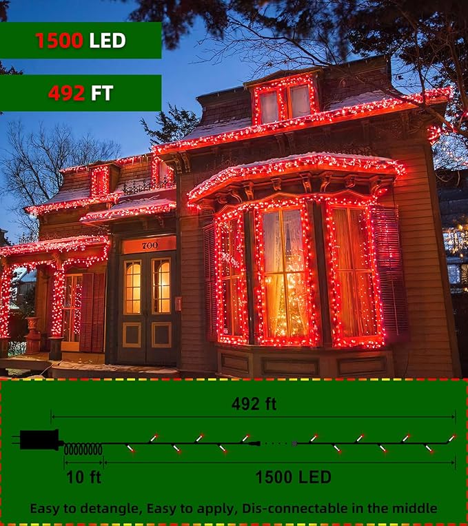 1500 LED 492FT Christmas Lights With Timer Memory - Green Wire String Lights for Indoor Outdoor Decorations, Christmas Tree, Party, Xmas, Wedding, Garden, Patio - Red