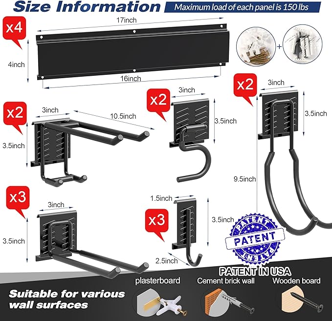 Garage Tool Storage Rack, Heavy Duty Garage Storage Organizer Rack System Wall Mounted Tool with 12 double hooks, 4 rails Garden Tool Rack