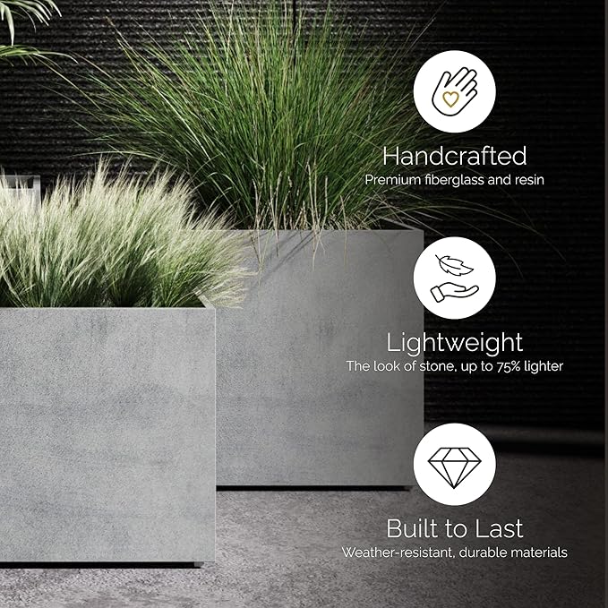 Reglito Cube Planter – Fiberglass Indoor/Outdoor and Weather-Resistant Large Planter (Concrete Stone, 19.7" L x 19.7" W x 20.3" H)