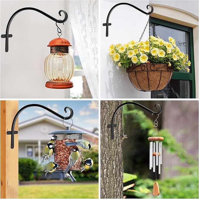 HOOPLE Plant Hangers Outdoor Heavy Duty 4 Pack, Cast Iron Bird Feeder Hanger, Metal Black Plant Brackets Hook for Hanging Flower Baskets, Elegant Design, Large Bearing Capacity