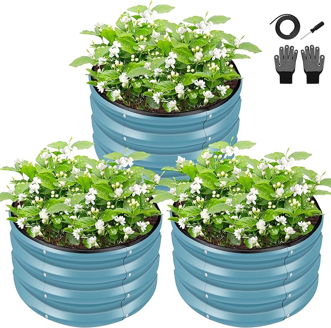 ZXZYHFTY Round Galvanized Raised Garden Bed kit, Blue Outdoor Garden Raised Planter Box, Round Large Metal Raised Garden Beds for Vegetable 2 * 2 * 1ft 3 Pcs