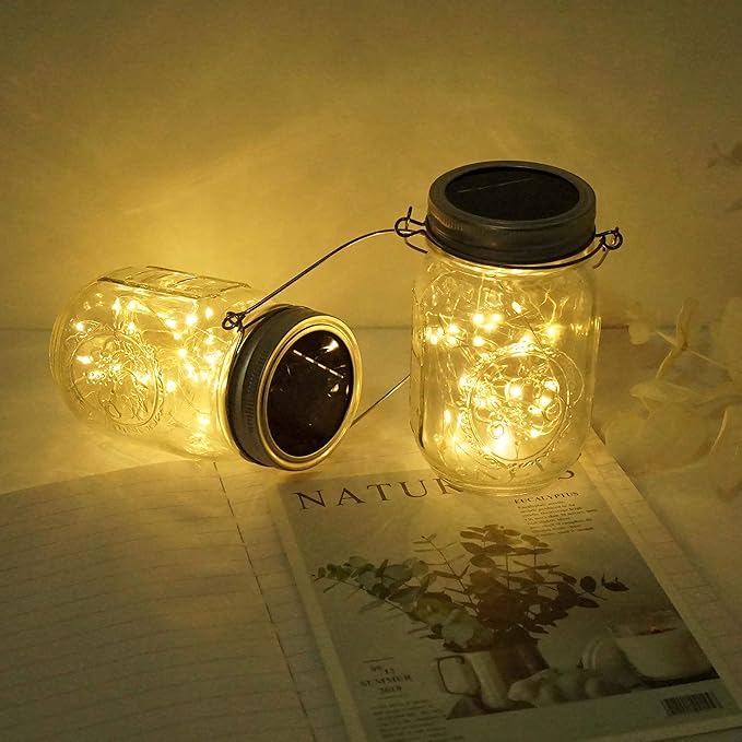 Solar Mason Jar Lid Lights, 10 Pack 30 LED Waterproof Firefly Fairy Lights with Hangers(No Jars), Outdoor Starry String Lights for Patio Yard Garden Wedding Lantern Decor (Warm White)
