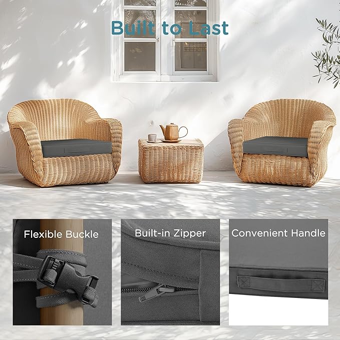 Codi Outdoor Couch Cushions 24x24 Inch, Thick Waterproof Seat Replacement Cushion with Handles & Adjustable Straps, Fade Resistant - Set of 2, Grey