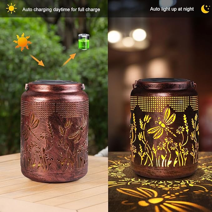 pearlstar Solar Lanterns Outdoor Waterproof Hanging Solar Lights Metal Dragonfly Gifts for Women Mom Grandma Decor for Garden Yard Patio Balcony Path