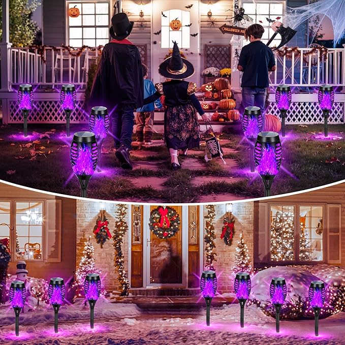 4 Pack Solar Torch Lights Outdoor Waterproof - Purple Flickering Flame, Outdoor Solar Garden Lights for Yard, Tiki Torches for Outside Patio Pathway Decorations