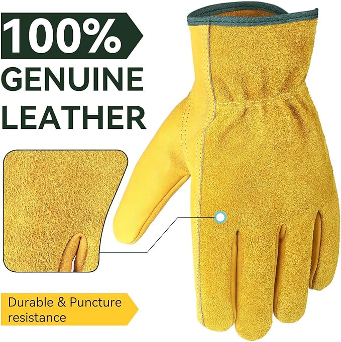 OZERO Leather Work Gloves Flex Grip Tough Cowhide Gardening Glove for Men and Women (Gold (5 Pairs), X-Large)