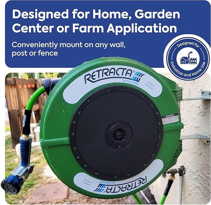 Macnaught Retractable Garden Hose Reel, 60 Ft Water Hose Reel Heavy Duty Retractable Hose with Metal 180° Swivel Rotation Bracket for Wall Mount - Green