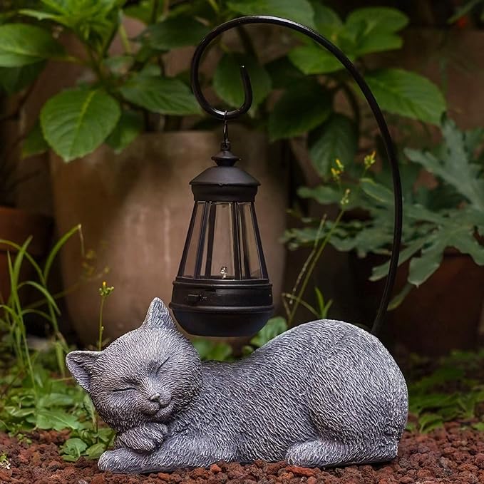 Solar Garden Cat Statues & Figurine with Solar Lantern, 13" Tall Cat Statue Garden Decor for Outside Patio Yard Lawn, Cat Figurine Outdoor Statue Ornament for Porch, Housewarming Gifts for Women