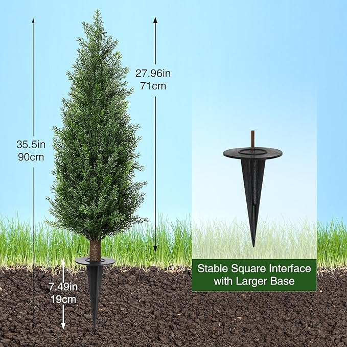 3FT Artificial Cedar Topiary Trees with Ground Spike, Set of 2 UV Resistant Fake Evergreen Bushes Shrubs Trees Artificial Plants Realistic Faux Cypress Plants for Indoor Outdoor Front Porch Garden