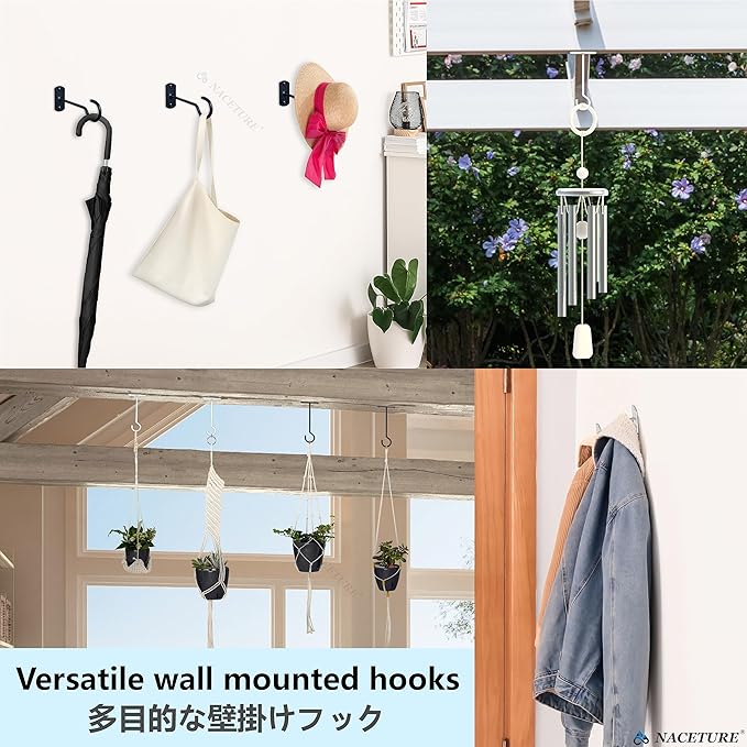 NACETURE Plant Ceiling Hooks Hanging Basket 4 Pack - Hanging Plant Hooks Indoor Wall Hanger for Decorative Home, Kitchen, Wreath Hangers for Fall Porch Decor (2.5" Black 4 Pack)