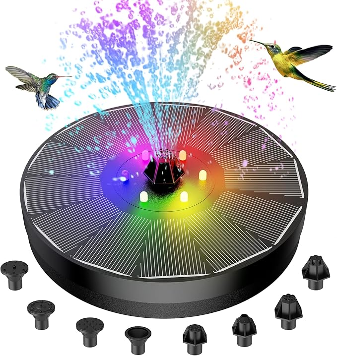 Solar Fountain, Powered Water 4W Pump for Bird Bath with LED Lights, 7 Nozzle and Fixer Hummingbird Garden, Pond, Pool, Fish Tank, , Black