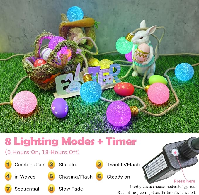 Toodour Easter Pastel Lights, 26Ft 16 LED Indoor String Lights with 8 Modes, Vintage Rope Hemp Globe String Lights for Home, Holiday, Indoor Outdoor Easter Decor