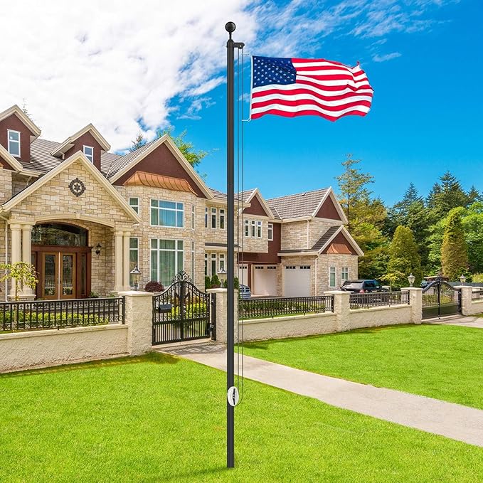Flag Pole Kit 20FT, 12 Gauge 1.8mm Thickness Heavy Duty Flag Poles with 3x5 American Flag, Black Flag Pole for Outdoor House In Ground, Extra Thick Flagpoles Suitable for Yard and Garden