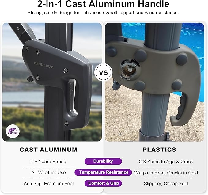 PURPLE LEAF 9 FT Cantilever Patio Umbrella Outdoor Aluminum Offset Square Umbrella with 3 Years Fade Resistance Recycled Fabric and 360-degree Rotation for Deck Pool Garden, Pebble Grey
