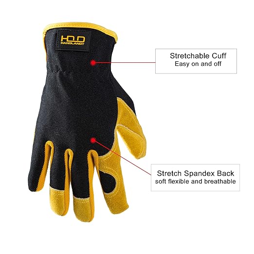 HLDD HANDLANDY Garden Gloves Men, Leather Work Gloves for Men & Women, Cowhide Gardening Gloves Utility Work Gloves for Mechanics, Construction, Driver (S, Yellow)