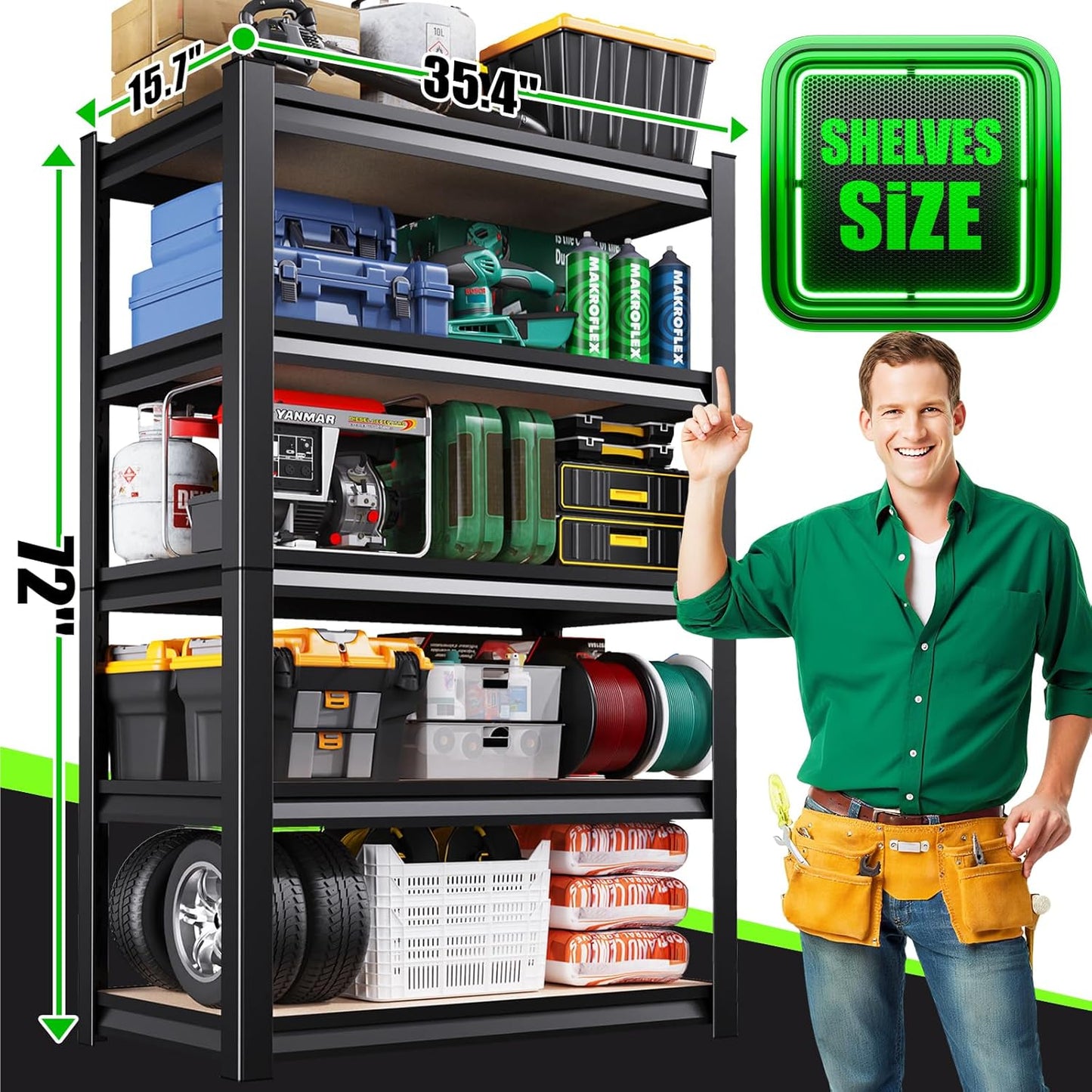 72”H*46" W Garage Shelving 5 Tier Storage Shelves Garage Adjustable Storage Shelves 19.7" D Wood Shelf 2500LBS Heavy Duty Industrial Shelving Unit Utility Shelf Wood Storage Rack,2 Pack