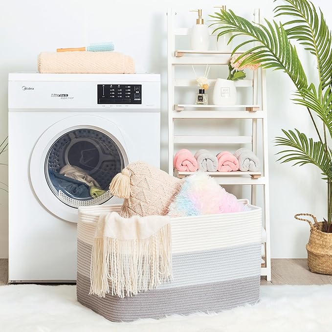 MINTWOOD Design 22in Extra Large Blanket Basket Holder Living Room, Rectangle Rope Woven Storage Basket with Handles for Laundry, Pool Towels, and Shoes, Dog Toy Organizer Bin Box, 3-Tone Light Gray