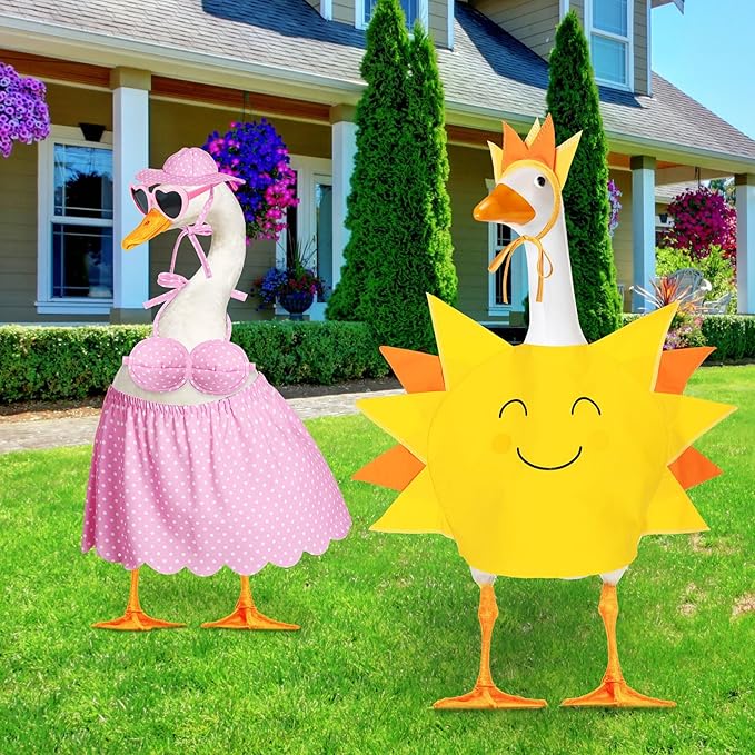 2 Set Hawaiian Luau Porch Goose Outfit for Lawn 23'' Plastic Goose Clothes Costume Summer Outdoor Decor(Sunny Style)