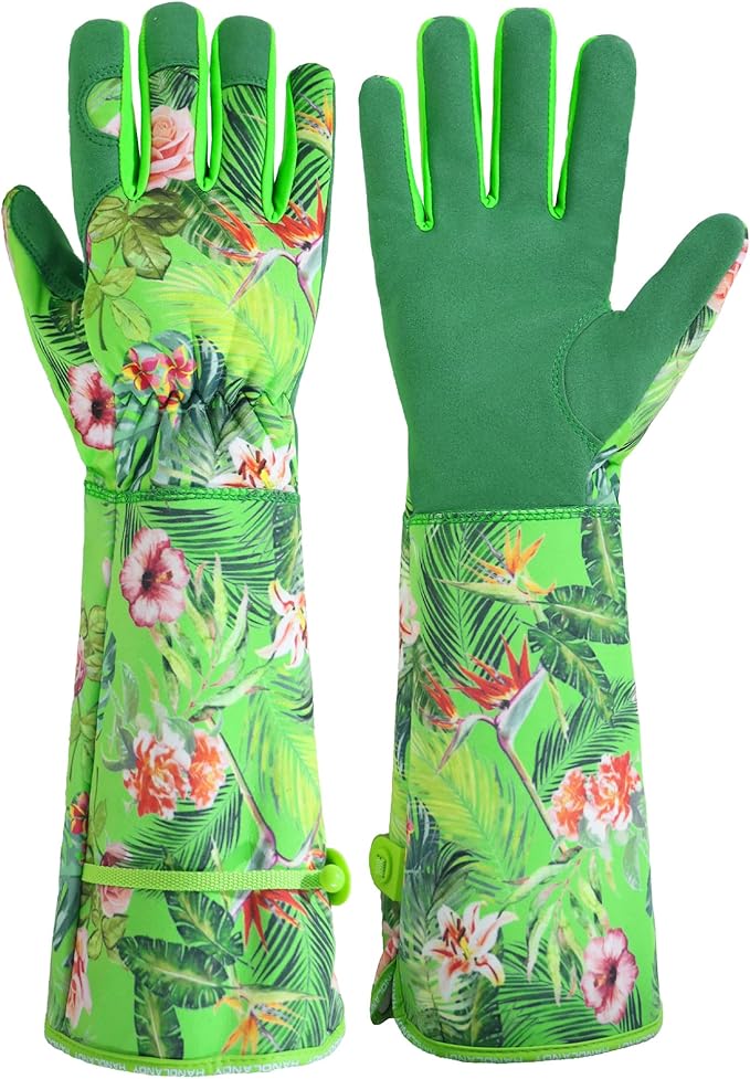 HANDLANDY Women Gardening Gloves, Thorn Proof Breathable Ladies Rose Pruning Long Gauntlet Floral Print Garden Yard Gloves, Gift for Gardeners (Green, XL)