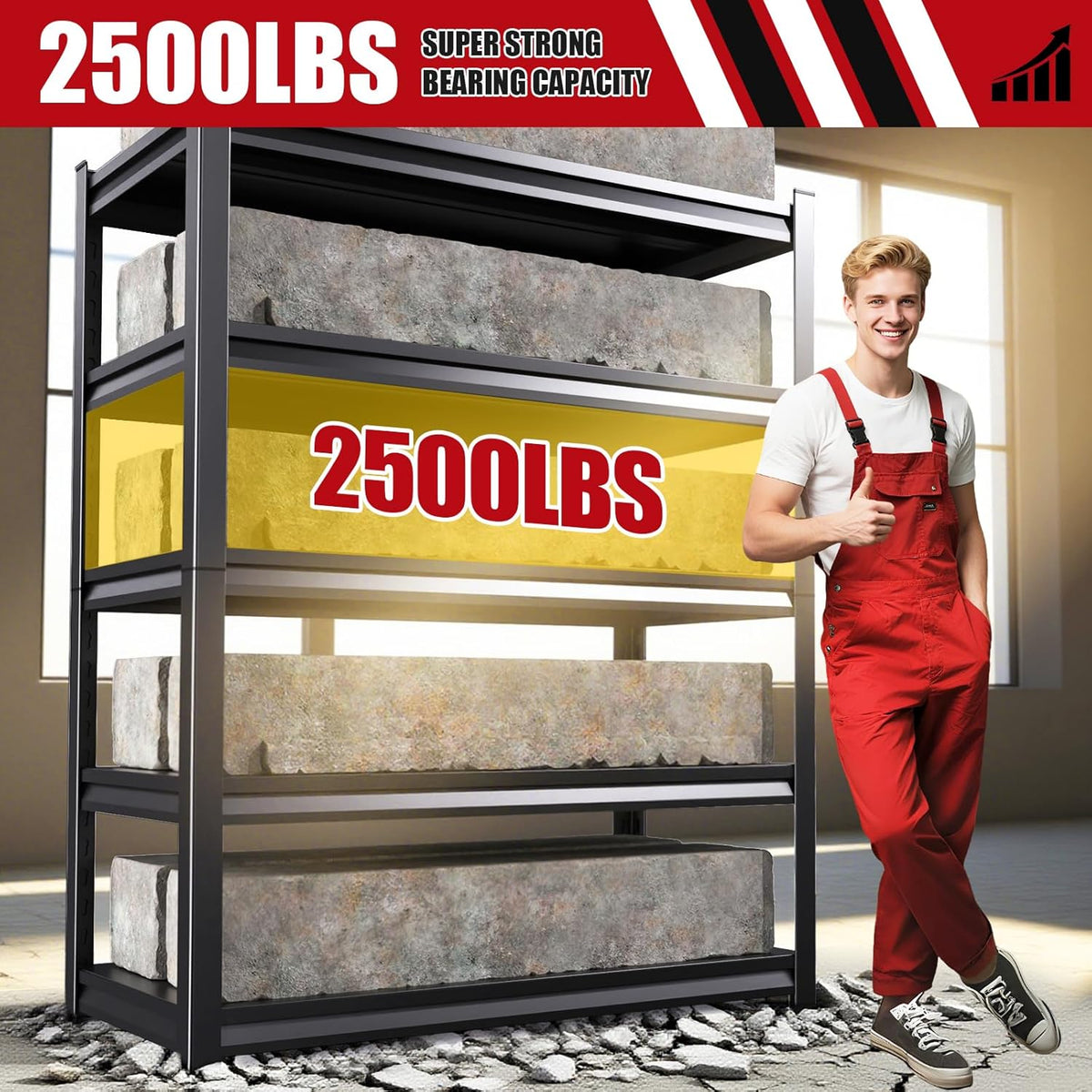 72''H*46''W Garage Shelving, 2500LBS Heavy Duty Shelvings, Adjustable Garag Storage Shelves, 5 Tier Metal Shelving Unit Wood Storage System Utility Storage Rack for Industrial, Warehouse, Basement