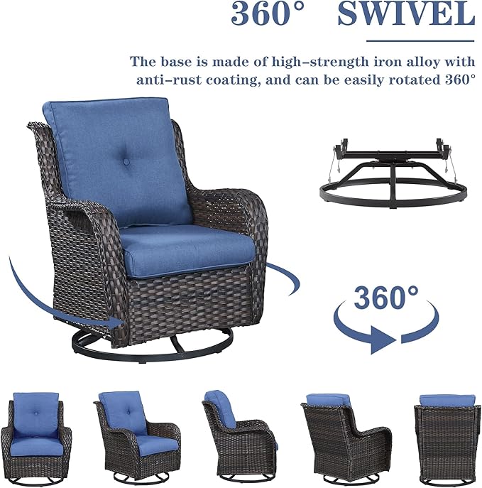 5 Piece Outdoor Patio Furniture Set - Outdoor Conversation Couch and Loveseat Glider Chair Furniture Set with Rattan Coffee Table for Deck Balcony Poolside Brown Wicker/Blue Cushions