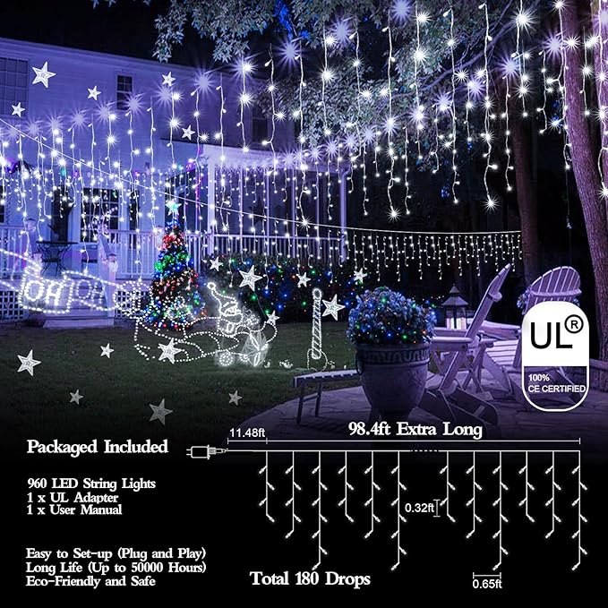 960 LED 98FT Christmas Lights Plug in 8 Modes with Timer Dimmable Christmas Decorations Outdoor Waterproof Indoor Curtain String Lights for Roof Garden Holiday Wedding Party Decor Cool White