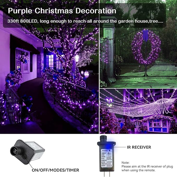 Purple Halloween Lights, 800LED 330FT Purple String Lights 8 Modes Timer Plug in Waterproof Indoor Outdoor Purple Christmas Lights for Halloween Christmas Garden Party Decoration