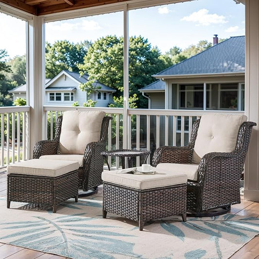 5 Pieces Patio Furniture Sets Wicker Outdoor Furniture, Rattan Patio Swivel Glider Chairs with 2 Ottoman and Glass Side Table