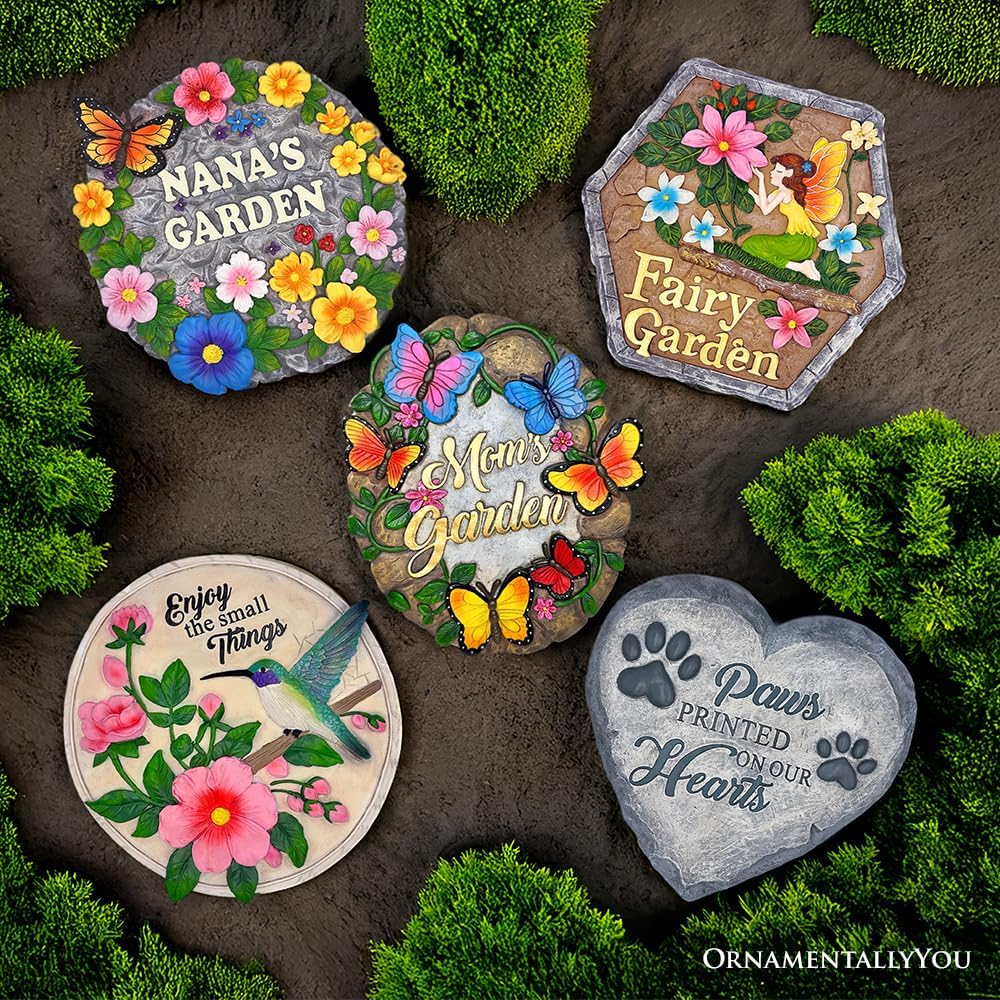 Elegant Resin Stepping Stone, Outdoor Garden Pathway Decoration (Paws Printed on Our Hearts Memorial Stepping Stone for Pet, 9.5" Dog Funeral and Pet Cemetery Decor)