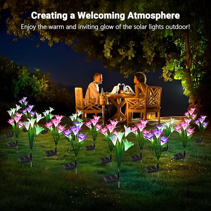 WdtPro Solar Outdoor Lights Garden Decorative 10 Pack, Waterproof Solar Garden Lights with 40 Lily Flowers, Multi-Color Changing Outdoor Solar Lights for Yard Outside Garden Decorations