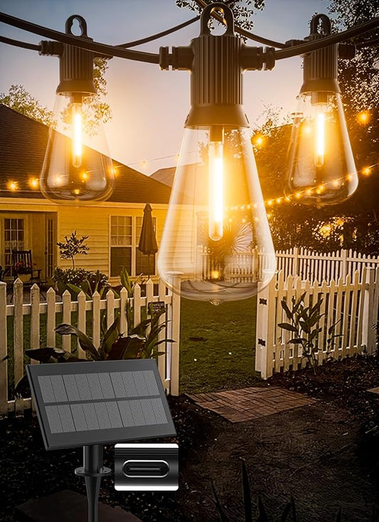 Solar String Lights Outdoor Waterproof 50FT with USB Port and 27 Shatterproof ST38 Bulbs(2 Spare), LED Solar Powered Patio Lights for Outside, Porch, Backyard, Bistro, Garden, Market - 2200K
