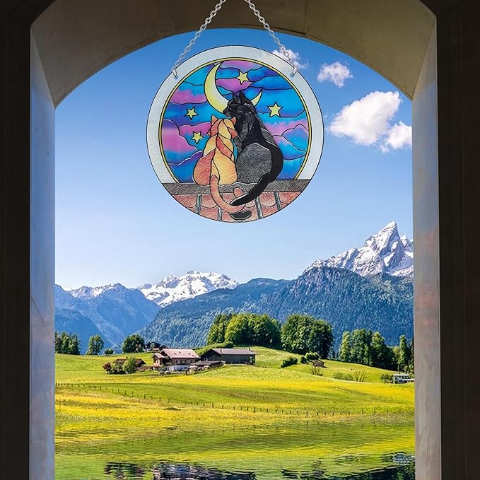 Cat Sun Catcher Stained Glass, 6 * 6inches Suncatcher for Window, Cat and Dog Patterns Sun Catcher Glass,Cat Mom Gifts