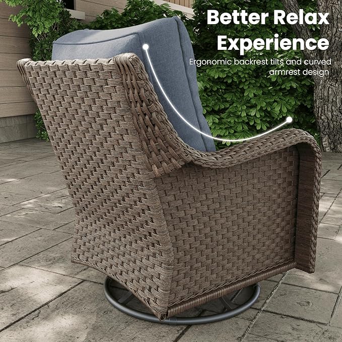 9 Pieces Outdoor Patio Furniture Sets with Rocking Swivel Chairs with 6-inch Thick Cushion and Side Table for Deck Lawn