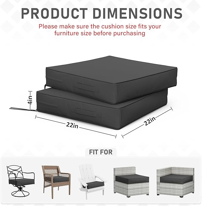 Patio Chair Cushions 22 X 22 X 4 Inch Waterproof Outdoor Seat Cushions for Patio Furniture, Outdoor Sofa Couch Pads with Ties & Handle, Set of 2, Grey