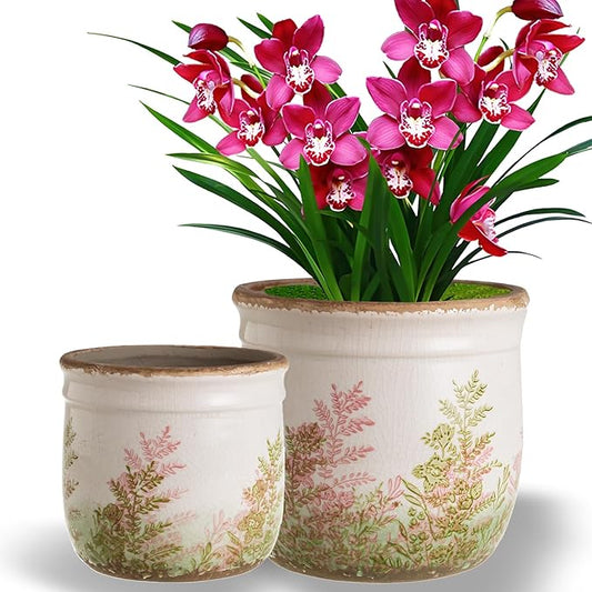 Vintage Pink and Green Ceramic Planter Set of 2, 4.7+5.7 Inch Rustic Flower Pots for Indoor Plants, Decorative Ceramic Plant Pots for Home, Living Room, Garden, Gardening Gift