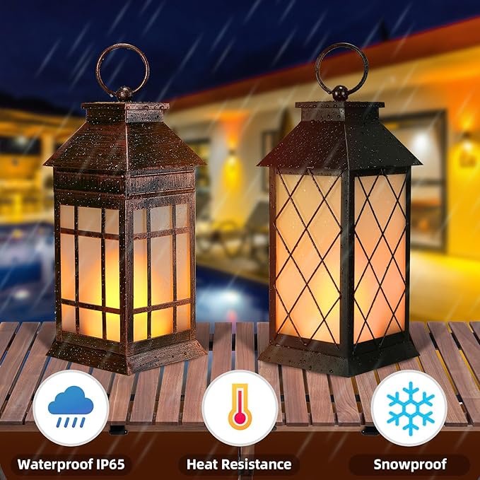 18" Glass Solar Lanterns Outdoor Waterproof, Large Solar Flickering Flame Lantern, Outdoor Lantern Decorative Metal Solar Garden Light for Patio Garden Backyard Outside Tabletop Decor(Vintage Copper)