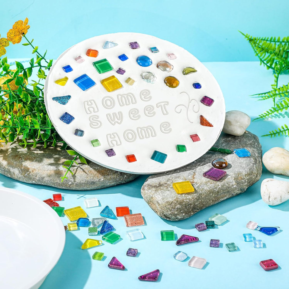 5 Pcs 3 Size Stepping Stone Kit for DIY Outdoor Garden Stepping Stone Includes Cement Molds Mosaic Tiles and Concrete Letter Stamps No Concrete Mix(White)