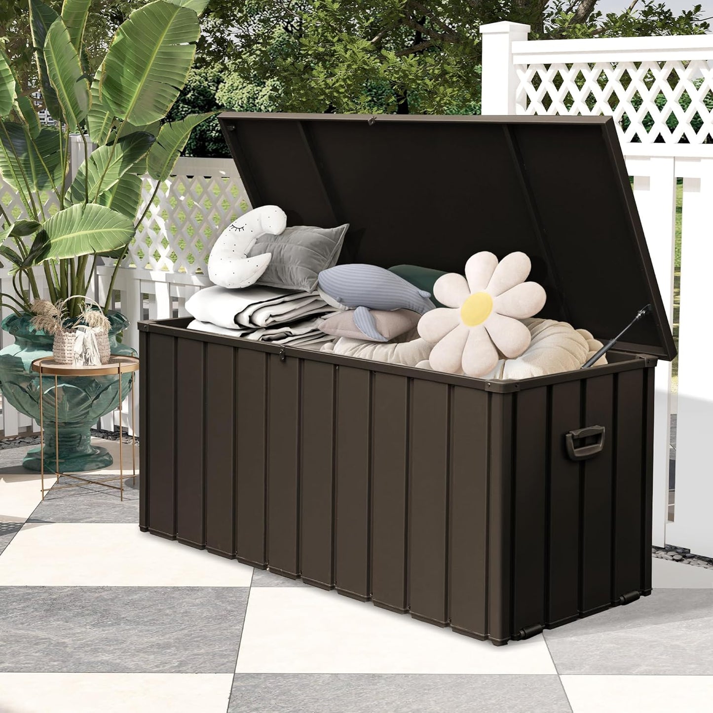 150 Gallon Large Outdoor Storage Box Metal, Waterproof Deck Box for Patio Cushion, Outside Storage Cabinet Rust/UV Resistant, Lockable Garden Tool Storage Bin for Porch Package Delivery, Brown